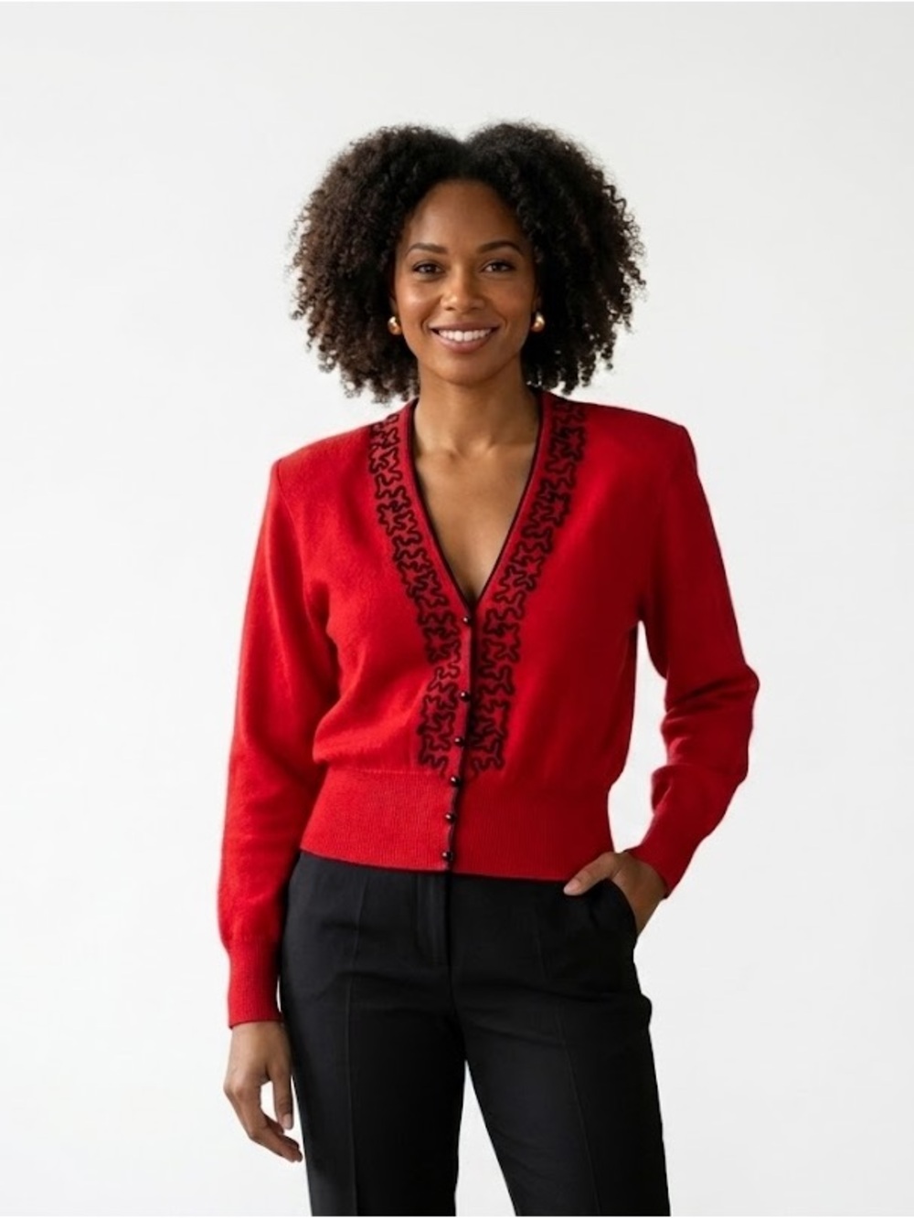 Vintage 80s/90s do 40s Glamour Jacques Vert Red Wool V-Neck Embellished Sweater
